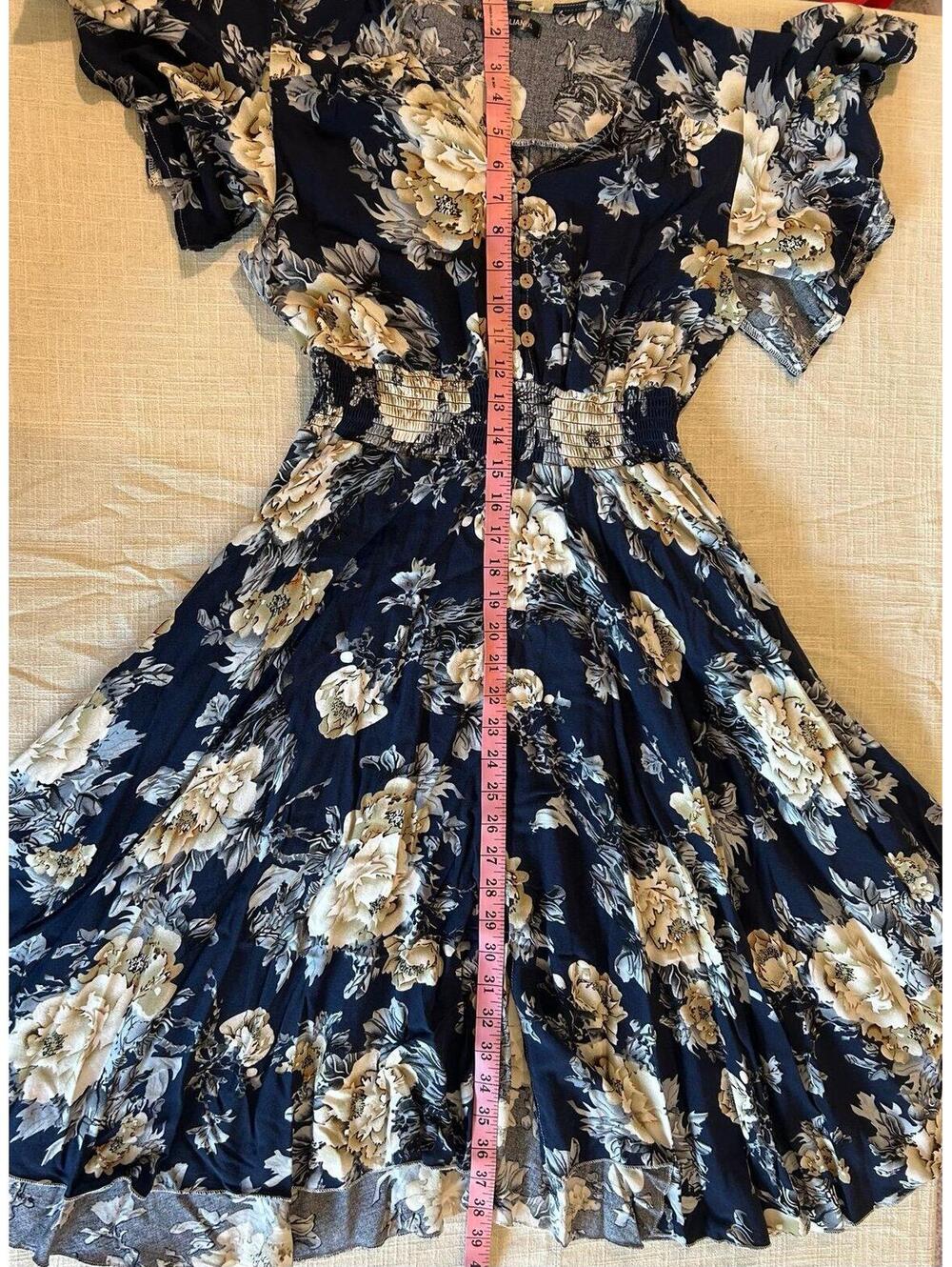 NERLEROLIAN Navy Floral Midi Dress XL Boho Smocked Waist Flutter Sleeve - Picture 5 of 9